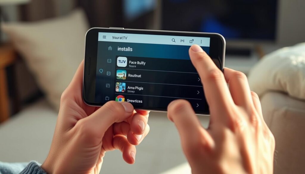 A warm and inviting scene of a person's hands installing the NoraGo IPTV app on an Android smartphone. The device's screen is prominently displayed, showing the app's intuitive interface. The user's fingers deftly navigate the menus, conveying a sense of confidence and ease. Soft, natural lighting illuminates the scene, creating a cozy and approachable atmosphere. The background is slightly blurred, keeping the focus on the installation process. The overall composition is clean and well-balanced, making it an informative and visually appealing illustration for the article.