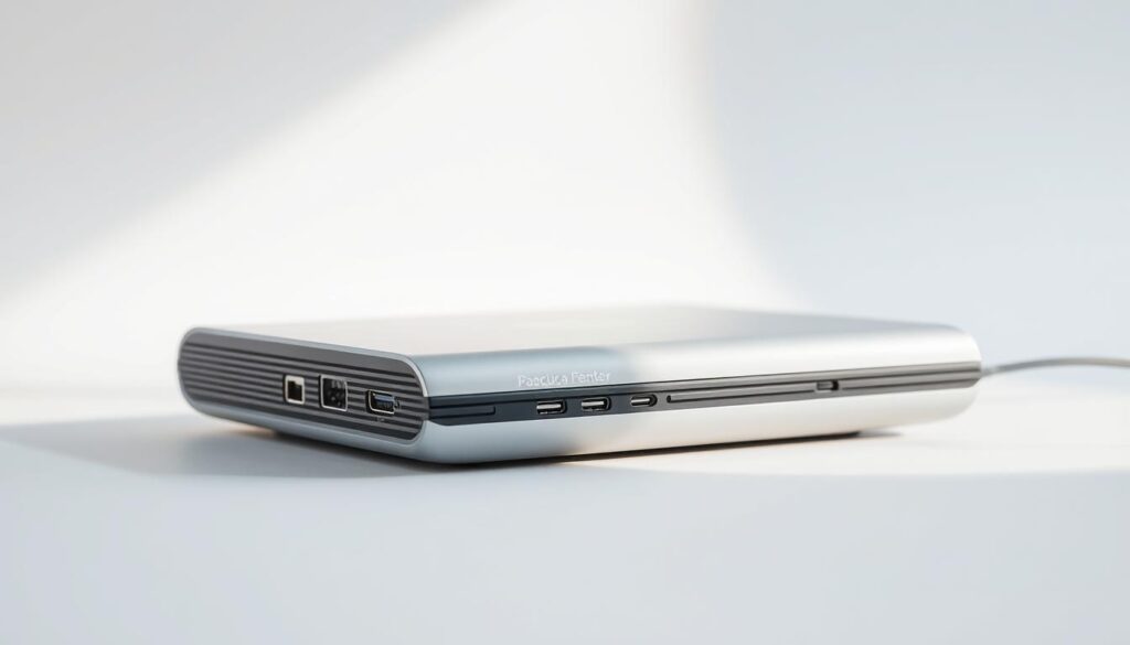 A well-designed, modern electronic device with sleek, minimalist aesthetics. The device is placed on a clean, white background, illuminated by soft, natural lighting from the side. The buttons, ports, and interfaces are clearly visible, showcasing the device's compatibility and connectivity. The composition highlights the device's simplicity and ease of use, conveying a sense of efficiency and reliable performance. The overall mood is one of technological sophistication and user-friendliness.