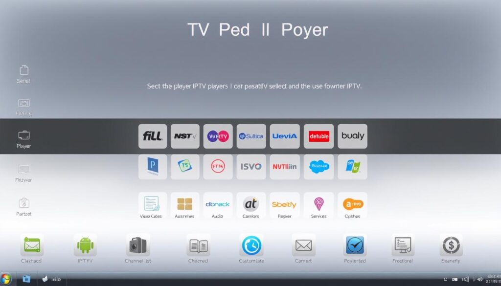 A well-lit and detailed Windows IPTV player selection interface. The foreground shows various icons representing different player features and settings, such as video codecs, audio formats, channel lists, and customization options. The middle ground displays a grid of IPTV provider logos, allowing the user to compare and select the best service. The background features a sleek, minimal design with a soft color palette, putting the focus on the selection criteria. The scene conveys a sense of professionalism and functionality, guiding the user through the decision-making process.