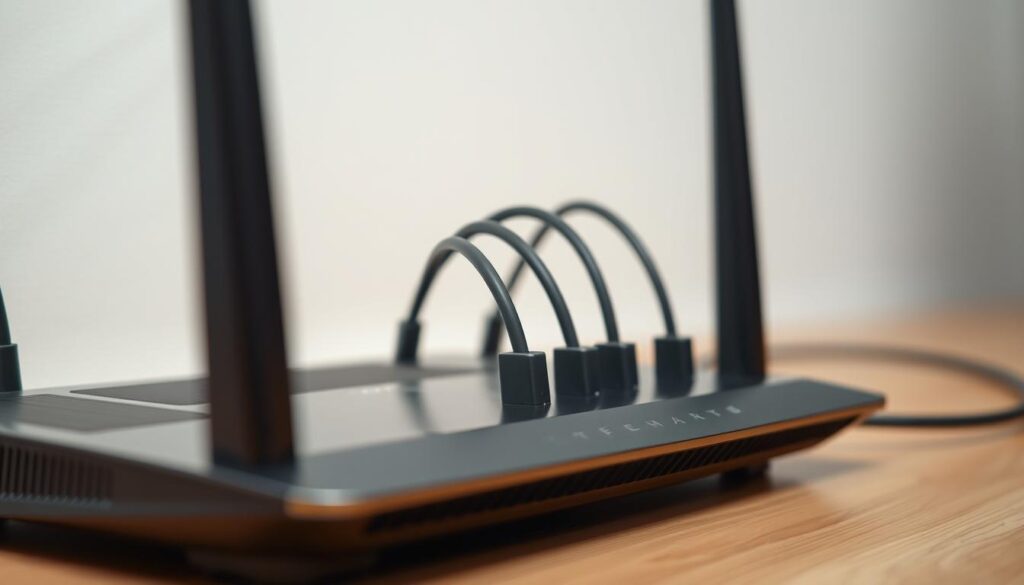 A well-lit, close-up shot of a stable internet connection, conveying the reliability and quality of Dutch IPTV. The foreground features a sleek, modern router or modem with elegant design elements. The middle ground shows multiple Ethernet cables securely plugged into the device, symbolizing a robust and dependable network infrastructure. The background is softly blurred, with a minimal, minimalist aesthetic to maintain focus on the central technology. The overall mood is one of confidence, efficiency, and the seamless digital experience Dutch IPTV users can expect.
