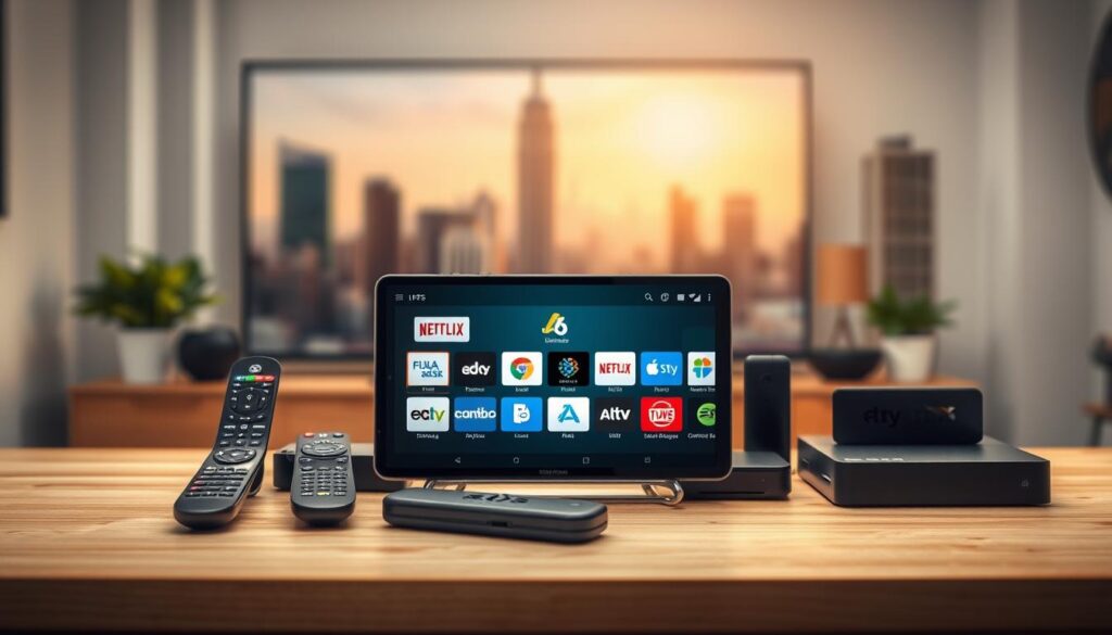 A well-lit, high-quality digital image showcasing a variety of IPTV apps and media players. The foreground features several popular IPTV apps installed on a modern Android or iOS device, displayed on a clean, minimalist screen. The middle ground shows various remote controls, streaming devices, and media boxes compatible with IPTV services. The background has a blurred, out-of-focus cityscape or home entertainment setup, conveying a sense of modern, connected living. The lighting is balanced, with warm tones and natural shadows, creating a professional, informative atmosphere. The composition is clean, symmetrical, and draws the eye towards the central IPTV apps.