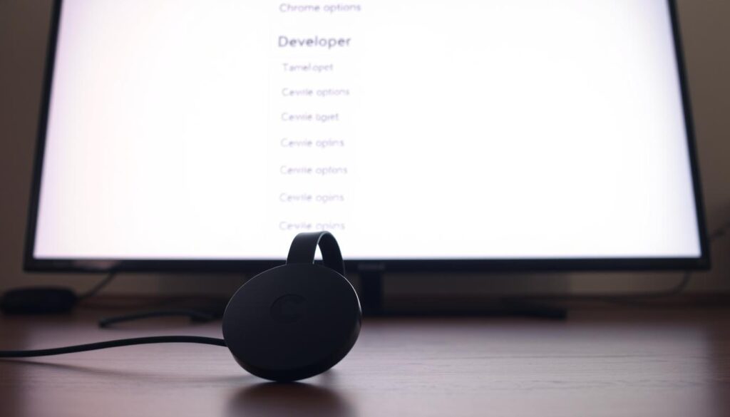 A well-lit, high-resolution image of a Chromecast device connected to a TV, with the TV screen displaying the "Developer options" menu. The Chromecast device is positioned prominently in the foreground, while the TV screen takes up the middle ground. The background should be a neutral, uncluttered setting, creating a clean and focused composition. The overall mood should be one of a straightforward, instructional guide, with a slight technical emphasis to match the subject matter.