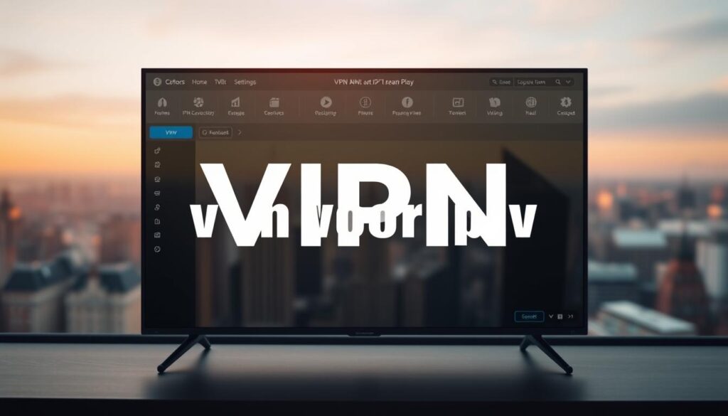 A well-lit, high-resolution image of a virtual private network (VPN) interface, prominently displaying the phrase "vpn voor iptv" in a clean, modern typography. The VPN dashboard should feature intuitive controls and settings, conveying ease of use and accessibility. The background should have a soft, blurred cityscape, suggesting the global connectivity and security provided by the VPN. The overall composition should be visually appealing, with a balance of negative space and informative elements, emphasizing the VPN's role in optimizing the IPTV stream player experience.