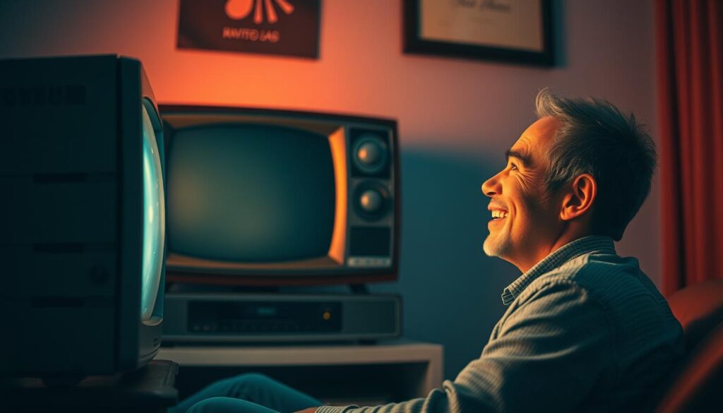 Afbeelding van een persoon die televisie kijkt met een glimlach