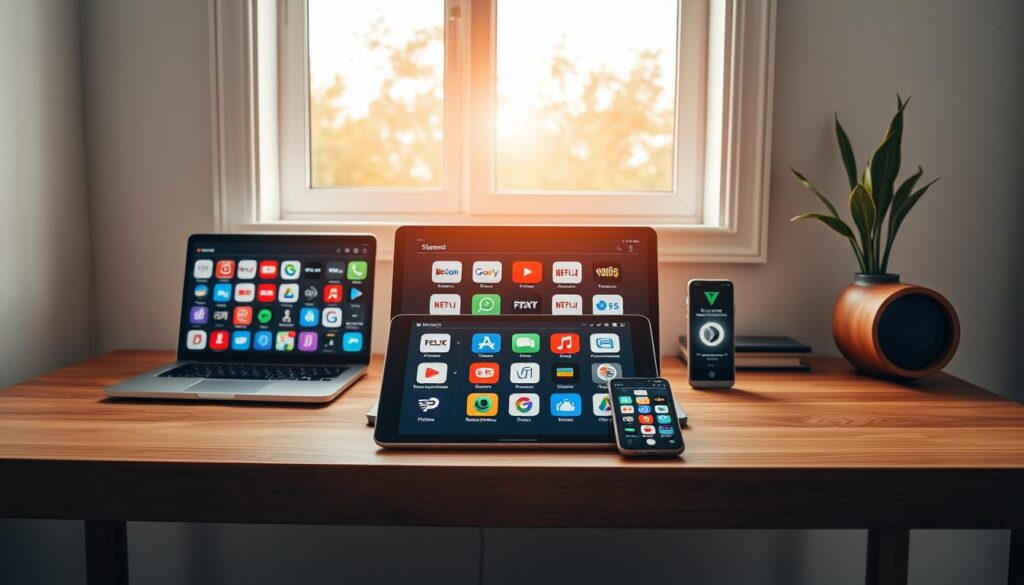 An interior scene with a variety of streaming app icons displayed on multiple devices - a laptop, tablet, and smartphone - arranged neatly on a minimalist wooden desk. The devices are bathed in warm, natural lighting from a window, creating a cozy and inviting atmosphere. The apps are presented in a clean, grid-like layout, showcasing their diverse functionalities. The scene conveys a sense of organization and productivity, highlighting the practical alternatives to standard streaming platforms.