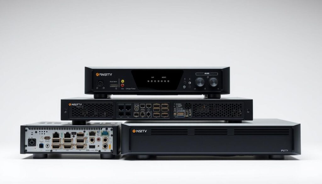 Detailed technical specifications of IPTV receivers, showcasing their internal components and external design. A clean, well-lit studio setting with a minimalist backdrop, allowing the devices to take center stage. The receivers are presented at various angles, highlighting their ports, ventilation, and sleek profiles. The overall mood is one of technological precision and informative clarity, suitable for an educational article section on IPTV hardware.