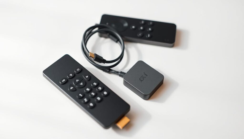 Essentiële tools voor media integratie A minimalist still life composition featuring a sleek, modern remote control, a compact HDMI cable, and a small, streamlined streaming device against a clean, off-white background. The remote has a matte black finish with subtle metallic accents, conveying a sense of high-end, premium design. The HDMI cable is tightly coiled, its silver connectors gleaming. The streaming device is a discreet, rectangular unit with a matte grey exterior. Soft, diffused lighting from an unseen source illuminates the scene, creating subtle shadows that add depth and dimensionality. The overall mood is one of simplicity, functionality, and technological sophistication, reflecting the essential tools required for seamless media integration.