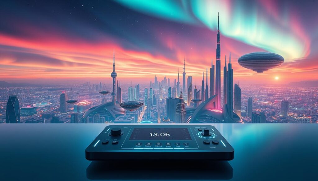 Futuristic IPTV streaming landscape, featuring a sleek, minimalist interface with holographic displays, vibrant color palettes, and dynamic data visualizations. In the foreground, a floating, transparent control panel with touch-sensitive controls hovers above a seamless, glass-like surface. In the middle ground, a sprawling cityscape of tall, gleaming towers and suspended transport networks unfolds, bathed in a warm, ambient glow. The background is dominated by a vast, panoramic vista of a futuristic skyline, with towering spires and floating platforms silhouetted against a vibrant, aurora-lit sky. The overall scene conveys a sense of technological sophistication, innovation, and the promise of a connected, immersive streaming experience.