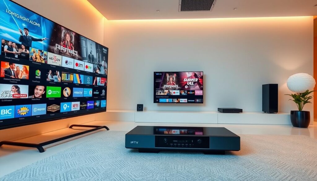 Prompt A sleek and modern IPTV service interface, with a clean and intuitive layout. The foreground features a large, high-definition display showcasing a diverse range of live TV channels and on-demand content, with clear and crisp visuals. The middle ground includes a user-friendly menu system, allowing easy navigation through various categories and options. In the background, a subtle, minimalist design with soft, warm lighting creates a comfortable and inviting atmosphere, reflecting the reliable and high-quality nature of the IPTV service. The overall scene conveys a sense of accessibility, entertainment, and technological sophistication, perfectly suited to illustrate the "Probeer Onze IPTV Service Vrijblijvend" section of the article.