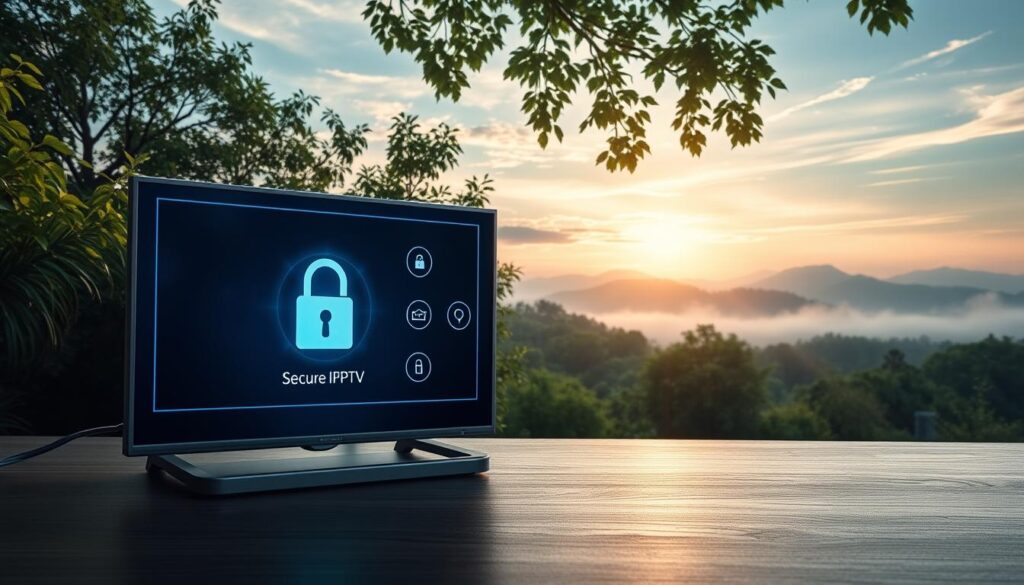 a serene and secure IPTV streaming experience, featuring a digital device displaying a secure IPTV interface with encryption and privacy icons, set against a backdrop of peaceful nature scenery with lush greenery, calming sky, and gentle light, conveying a sense of privacy, confidentiality, and digital protection for the user's online activities